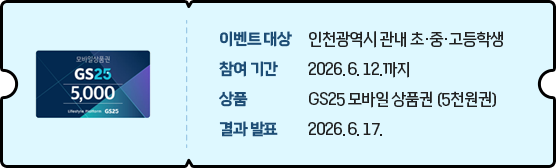 이벤트 대상 : 인천광역시 관내 초·중·고등학생,
							참여기간 : 2026. 6. 12. 까지,
							상품 : GS25 모바일 상품권 (5천원권),