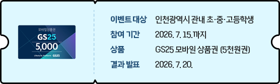 이벤트 대상 : 인천광역시 관내 초·중·고등학생,
							참여기간 : 2026. 7. 15. 까지,
							상품 : GS25 모바일 상품권 (5천원권),